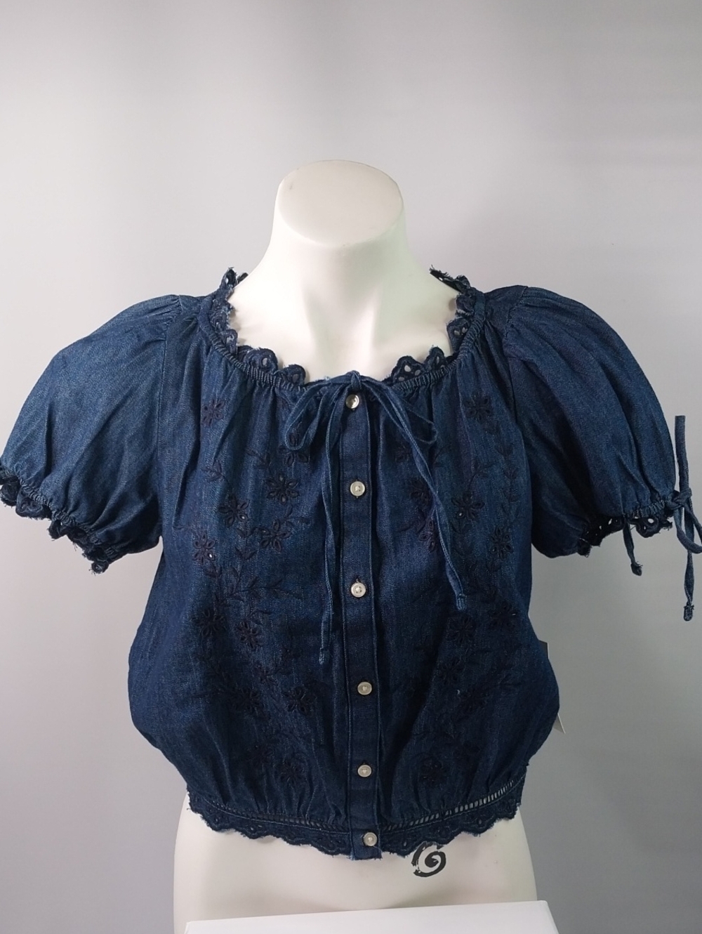 Women's Dark Blue Embroidery Denim Button-Front Free Assembly Top.